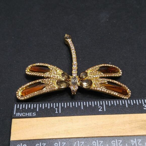 Dragonfly Rhinestone Topaz Brooch, Hallmark on Back, 2 Inches - Picture 8 of 8